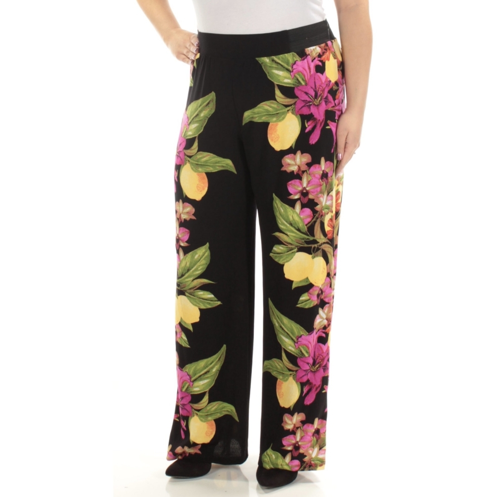 INC International Concepts Black Wide Leg Pants with Yellow & Pink Floral Print